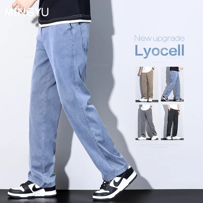 Men Jeans Summer Lyocell Fabric Blue Elastic Waist Loose Straight Thin Denim Trousers Male Plus Size 5XL men jeans mens jeans jeans trousers elastic jeans denim trousers lyocell pants