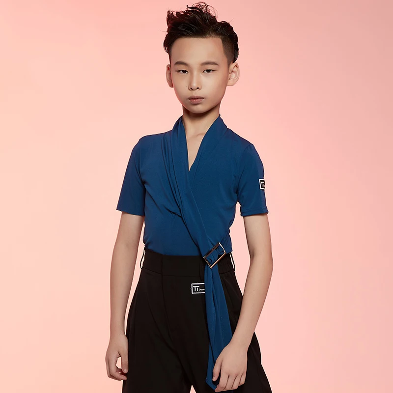 

Топ с коротким рукавом для мальчиков, латиноамериканская чаша, Самба с V-образным вырезом, топы для бальных танцев, рубашка для тренировок, детская одежда для выступлений и танцев SL9796