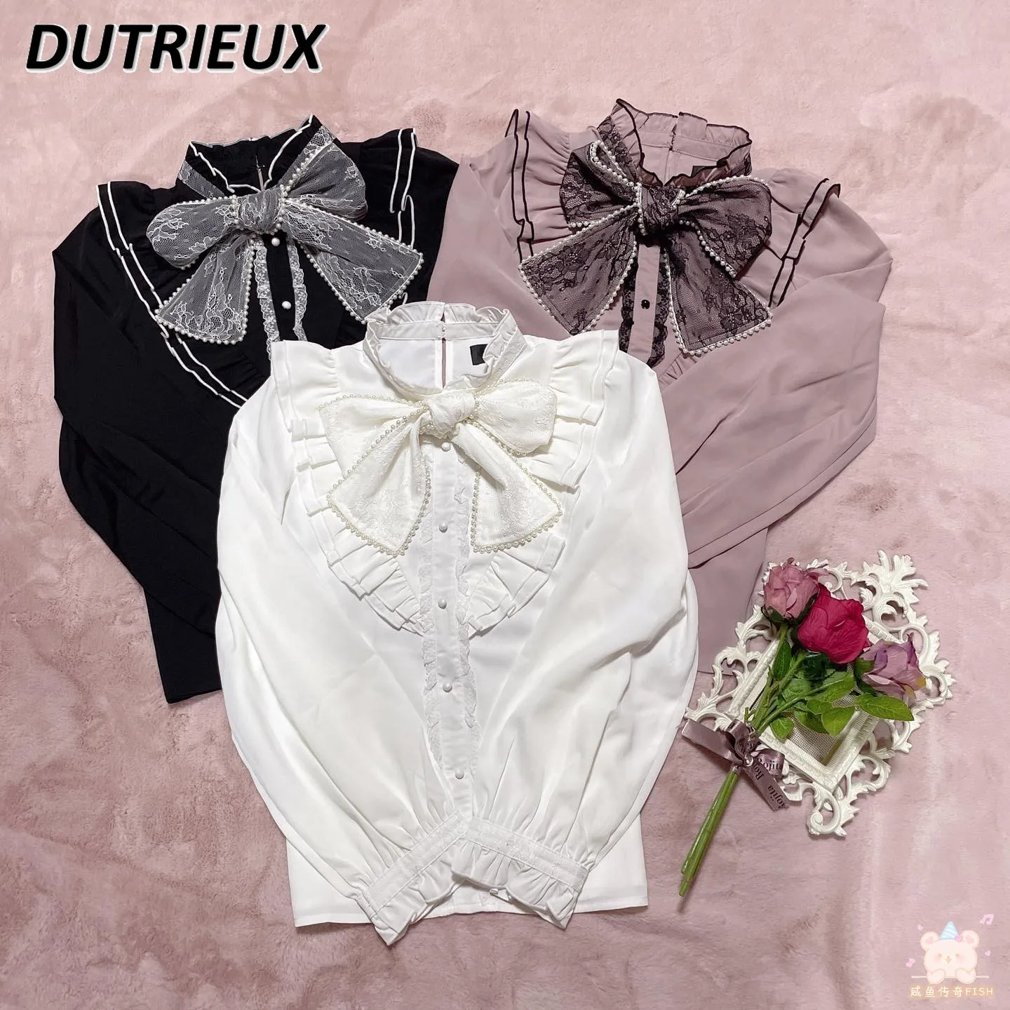 

Sweet Cute Girl Long Sleeve Underwear Blouse Rojita Autumn Pearl Bow Lace Stitching Mine Series Mass-Produced Shirt Women Tops