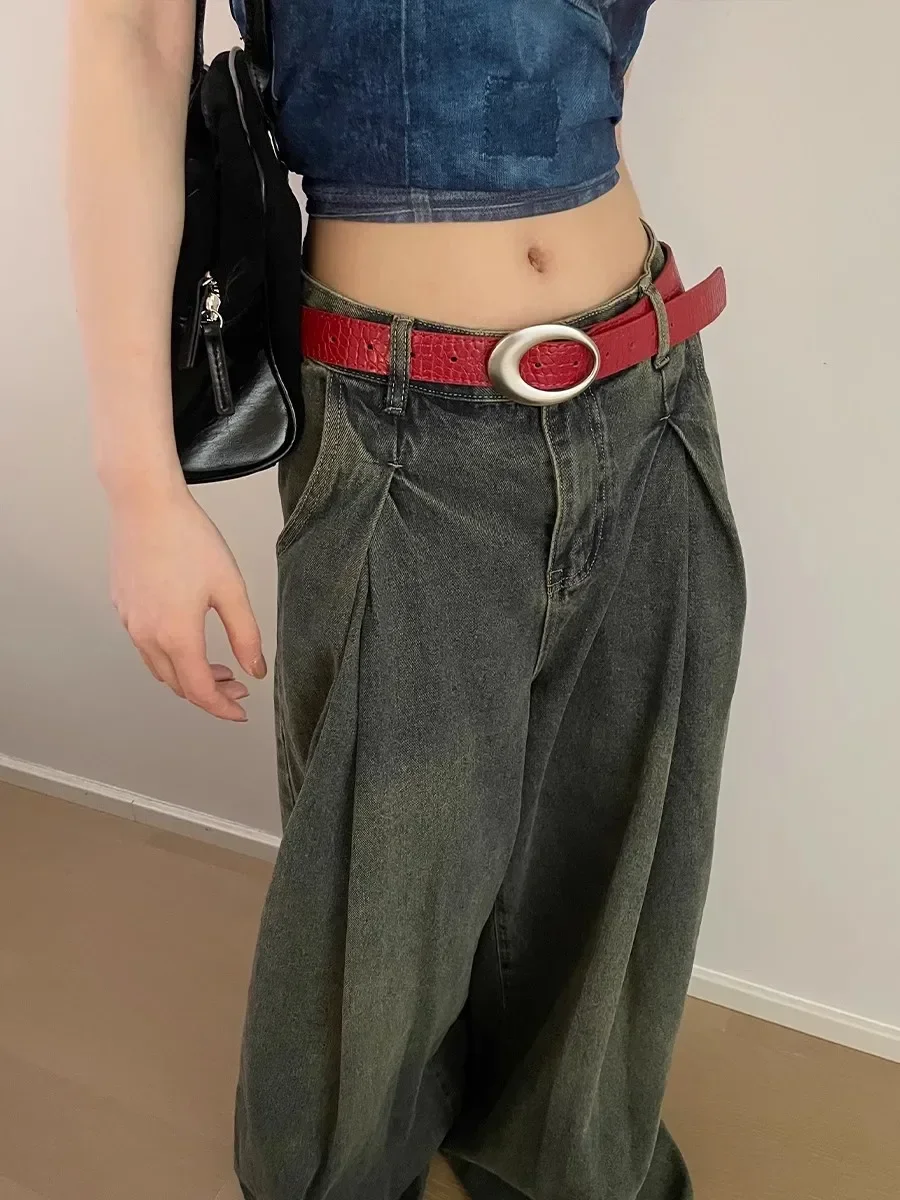 Vintage American Belt Crocodile Lines for Women Men Fashion Pu Leather Punk Metal Buckle Jeans Pants Advanced Red Waist Belts
