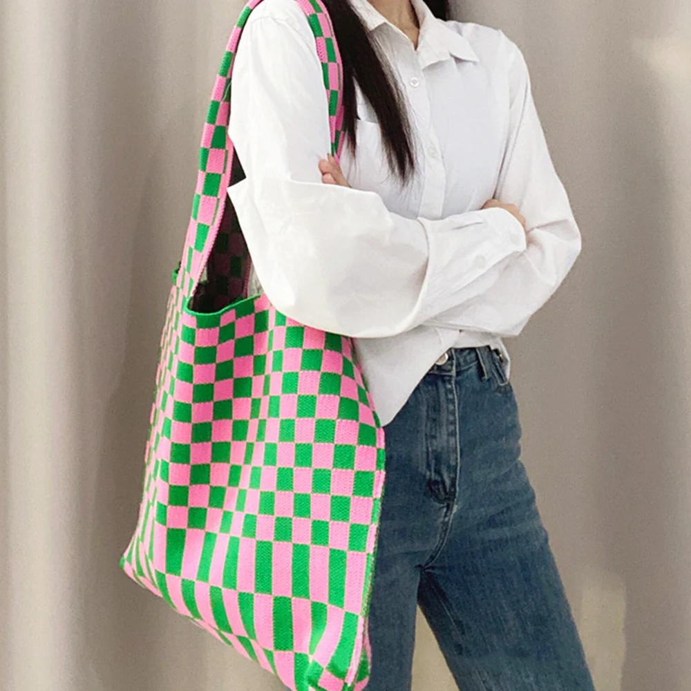 

Checkerboard Women Shoulder Bag Designer Large Color Plaid Crochet Handbag And Purse Knitting Big Tote Shopper Bags Lady