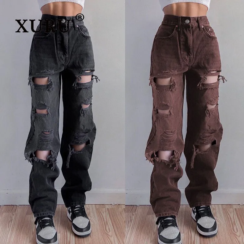 XURU-Europe and The United States New High-quality Women's Jeans, Street Hole Loose Black Pants Jeans N5-528