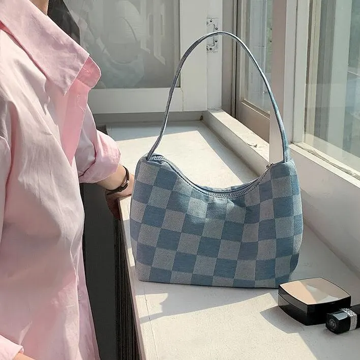 JulioFlorcer Denim Blue Small Handbags Luxury Designer Luxury Square Underarm Hobo Clutch Lady Fashion Plaid Pattern Mini Purse