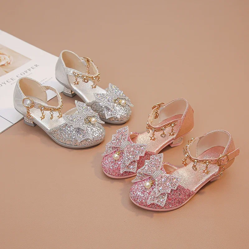 Girls High Heeled Leather Shoes High Heels for Wedding Party Glitter Rhinestone with Bow-knot Kids Dress Pendant Bling Sparkling - 3
