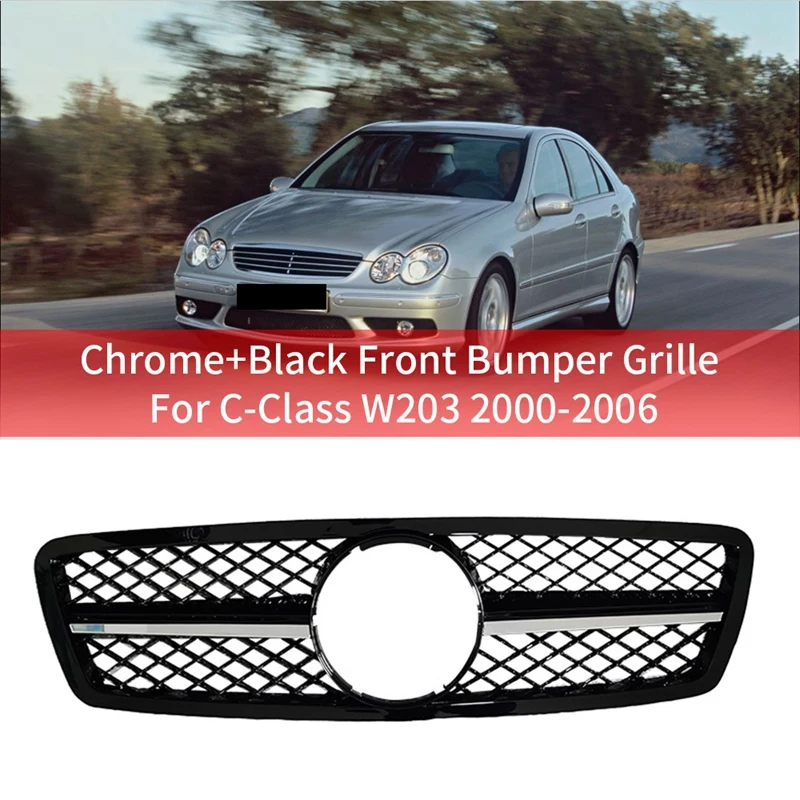 

Car Front Bumper Grille Grill Chrome Black For Mercedes-Benz C-Class W203 C280 C320 C240 C200 C63 2000-2006