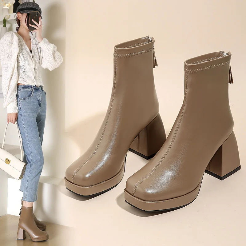 Luxury Women Boots Leather Square High Heel Ankle Boots Round Toe Winter Shoes Woman Comfort Fashion Platform Zipper Boots Black
