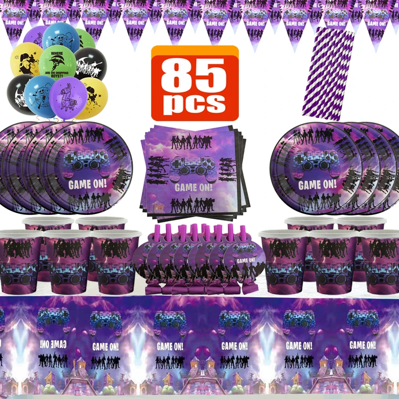 

Video Game Party Supplies Fortnition Birthday Decoration Blowouts Table Cover cups plates Napkins Baby Shower Kids Gamers Gifts