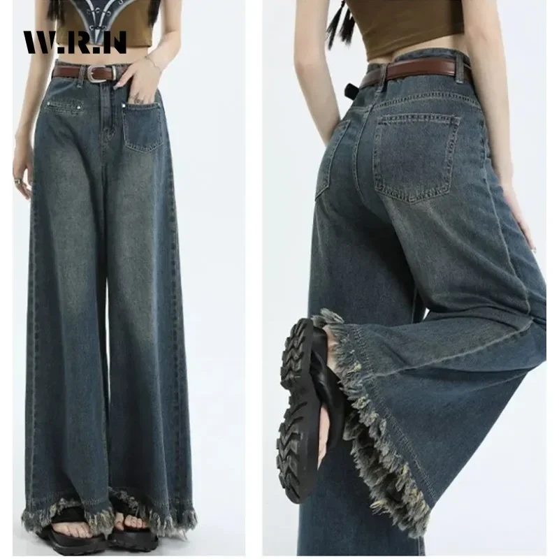 

American Retro High Waist Oversized Jeans Women Casual Baggy Y2K Wide Leg Pants Grunge Streetwear Tassels Blue Denim Trouser