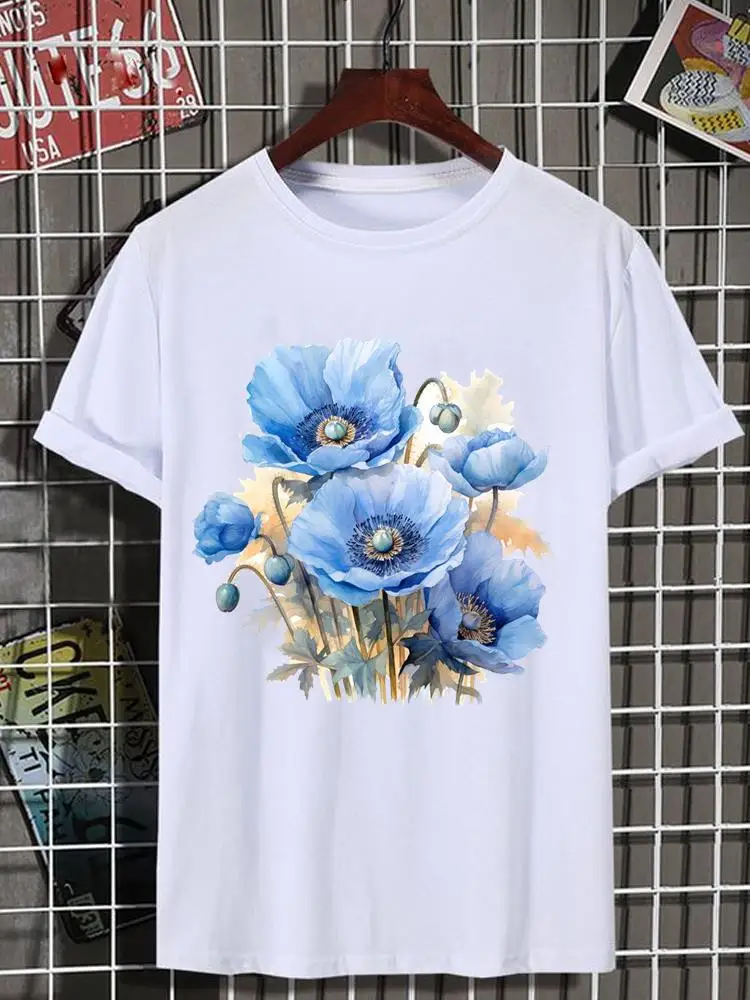 

Women Top Lady Female Shirt Tee Short Sleeve Graphic T-shirt Watercolor Lovely Flower Print Fashion O-neck Clothing Clothes
