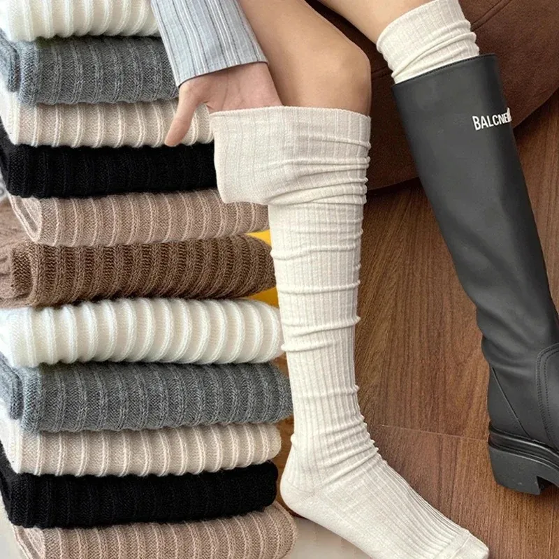 Harajuku Over The Knee High Socks Thin Long Stacked Socks Women's High Solid Colour White Knitted Sock High Elasticity Stockings