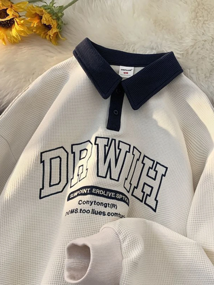 Gmiixder Waffle Letter Long Sleeve Shirt for Men Women Spring Autumn New Preppy Couple Oversize Casual Turn Down Collar Top