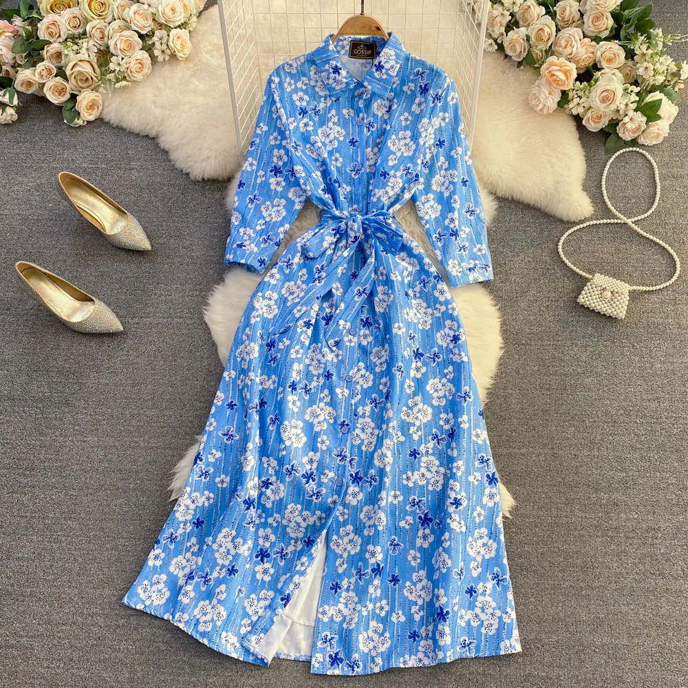 

Spring and Autumn French Hepburn Style Temperament Lapel Waist Thin Printed Single-breasted A-line Dress Elegant Long Skirt