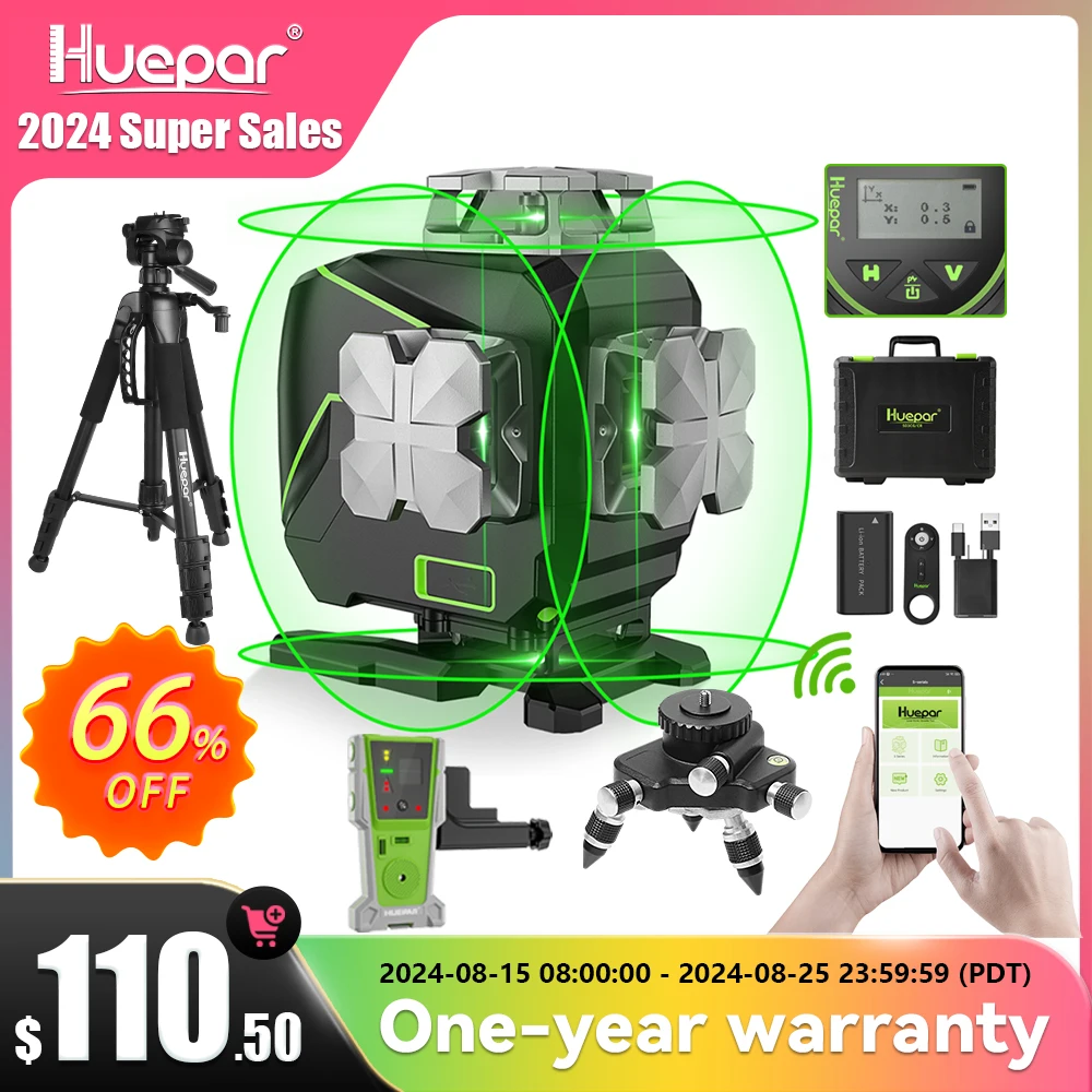 Huepar 16 lines 4D Cross Line Laser Level Sets Bluetooth & Remote Control Functions Green Beam Lines With Hard Case No Bracket laser level