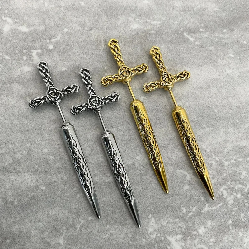 Steel Fun Jewelry Punk Sword Gothic Kinitial Piercing Earrings for Women&Men Goth Pattern Ear Jacket Cross Stud Earring Jewelry stud earrings cross earrings