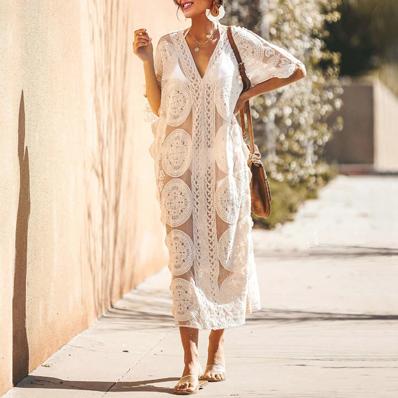 Summer New Kaftan Robes Sexy Solid Color Lace Hollow Bikini Cover-up Fashion V Neck Batwing Sleeve Transparent Sunscreen Dresses 1
