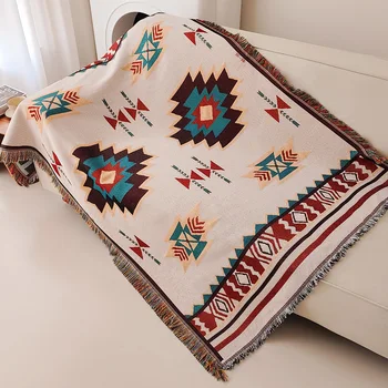 Aztec Blanket, Boho Throw Blanket with Fringe, Southwestern Tapestry Vintage Woven Throw Blankets, Double-Si 1