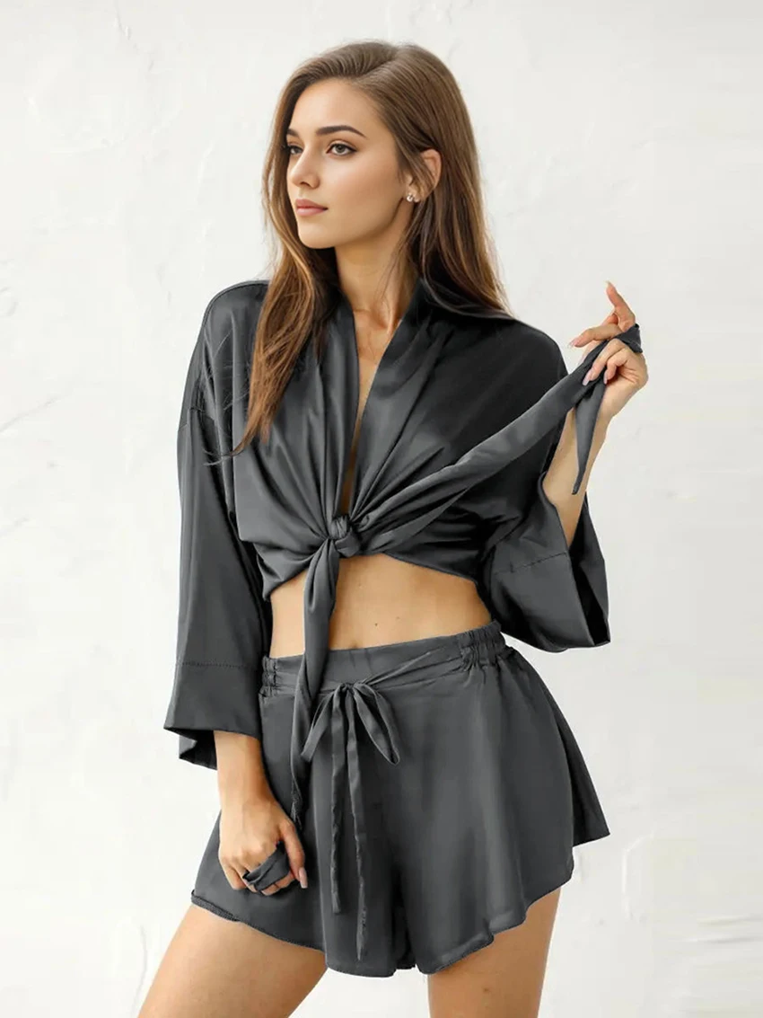 Marthaqiqi Fashion Ladies Nightgowns Set Sexy V-Neck Sleepwear Long Sleeve Pajamas Crop Top Lace Up Pyjama Shorts Nightwear Suit