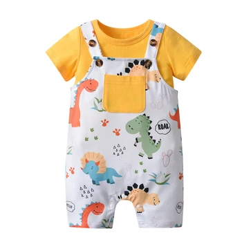 Summer Infant Baby Boy Clothes Short Sleeve Solid Color T-Shirt Cartoon Dinosaur Print Suspender Shorts Outfit Set 1