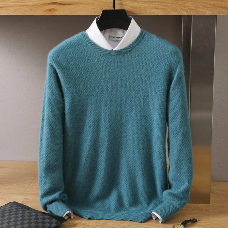 Men Round Neck Diamond Small Square Solid Color Knitted Mink Fleece Sweater Pullover Casual Autumn Winter New Fashion