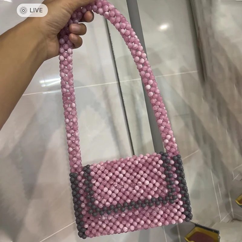 

Ladies Handbag 2023 New Fashion Acrylic Water Pink Handwoven Beaded Women's Shoulder Bag Retro Splice Texture Flap Evening Bags