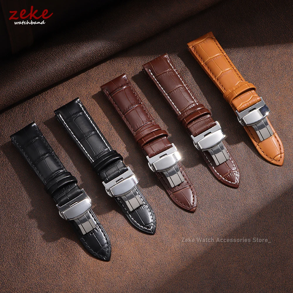 Elegant Genuine Leather Watch Band with Butterfly Clasp and Gift Box