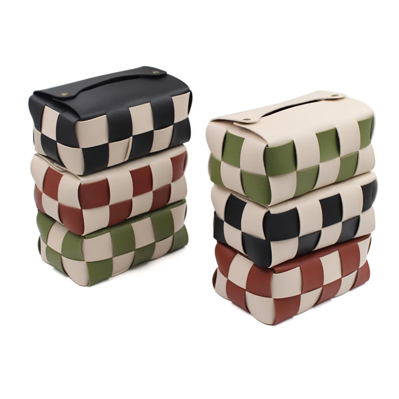 Checkerboard Woven Tissue Box Waterproof PU Leather Tissue Storage Box Square Car Tissue Organizer Desktop Home Decoration 2