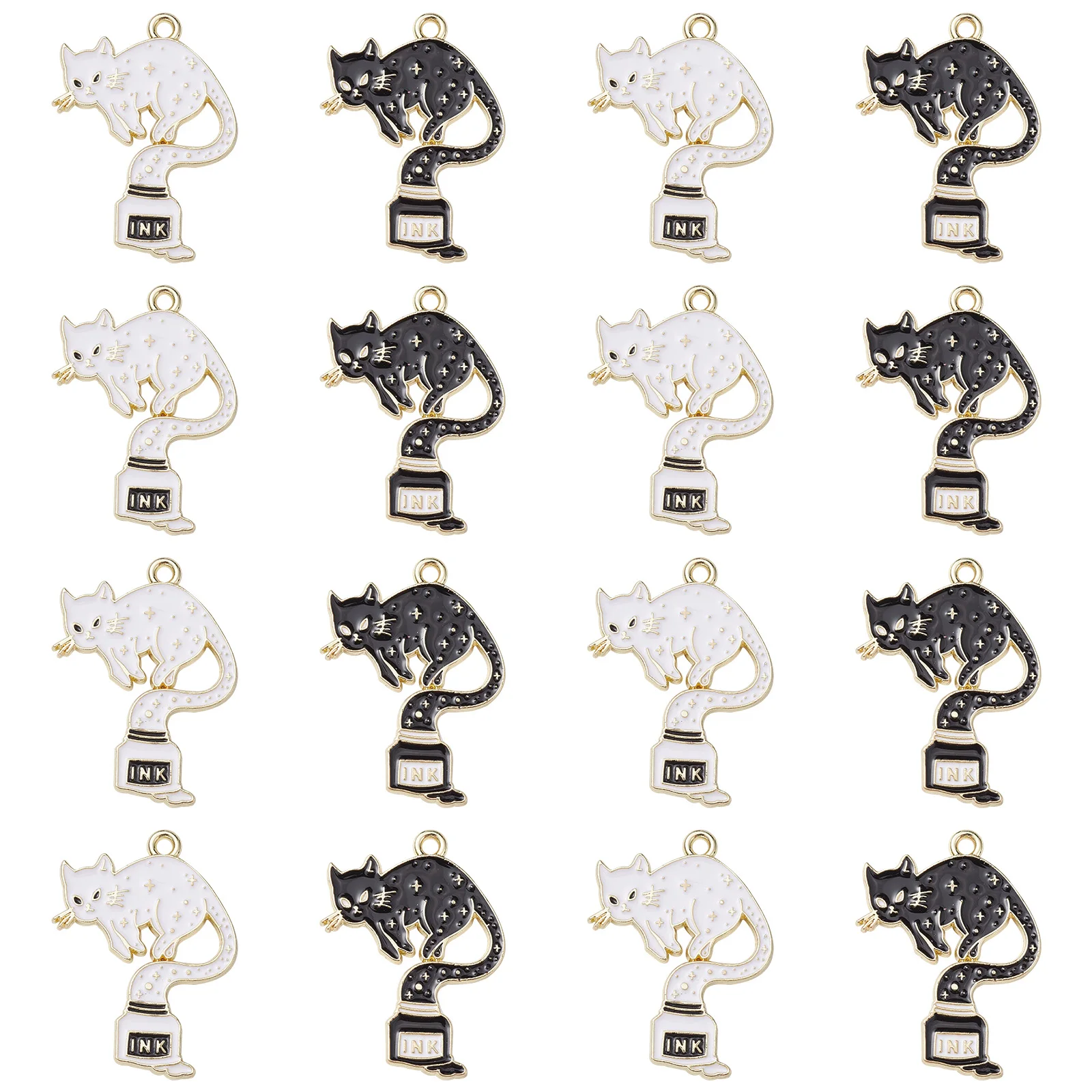 30Pcs 2 Colors Enamel Ink Cat Charms Black and White Cat Charms Lovely Pet Animal Pendants for Keychain Craft Jewelry Making