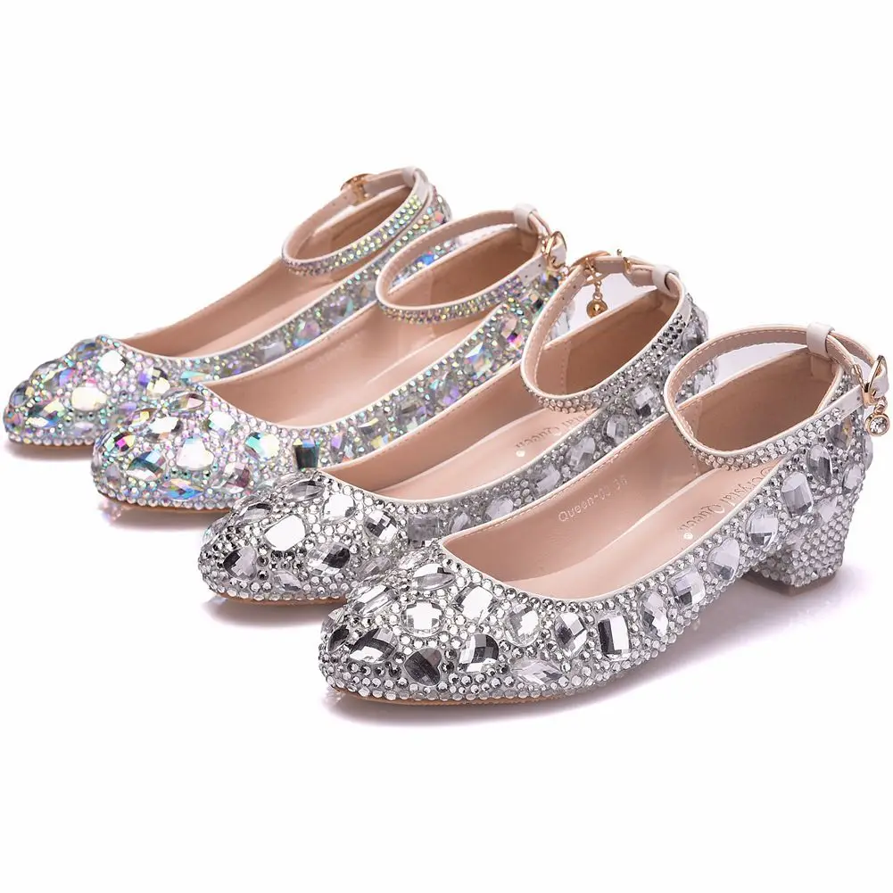 

African Woman Shoe Round Toe 3cm Heels Burgundy Crystal Spring 5cm Straps Rubber Med PU Wedding Square heel Buckle Round Toe Cry