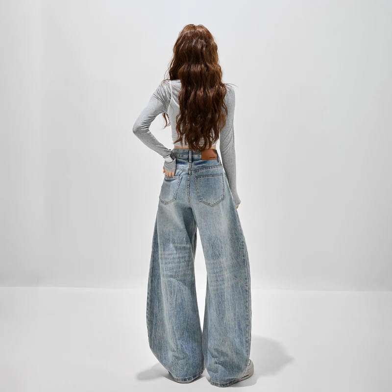 American Style Curved Wide Leg Denim Pants Women 2026 Spring Heavy Wash Creased Design, view 3