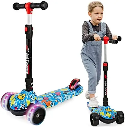 

Scooter for Ages 3-12, Foldable & Height Adjustable Scooter with Graffiti Bodywork, Non-Slip Deck and Extra Wide PU Light- wh