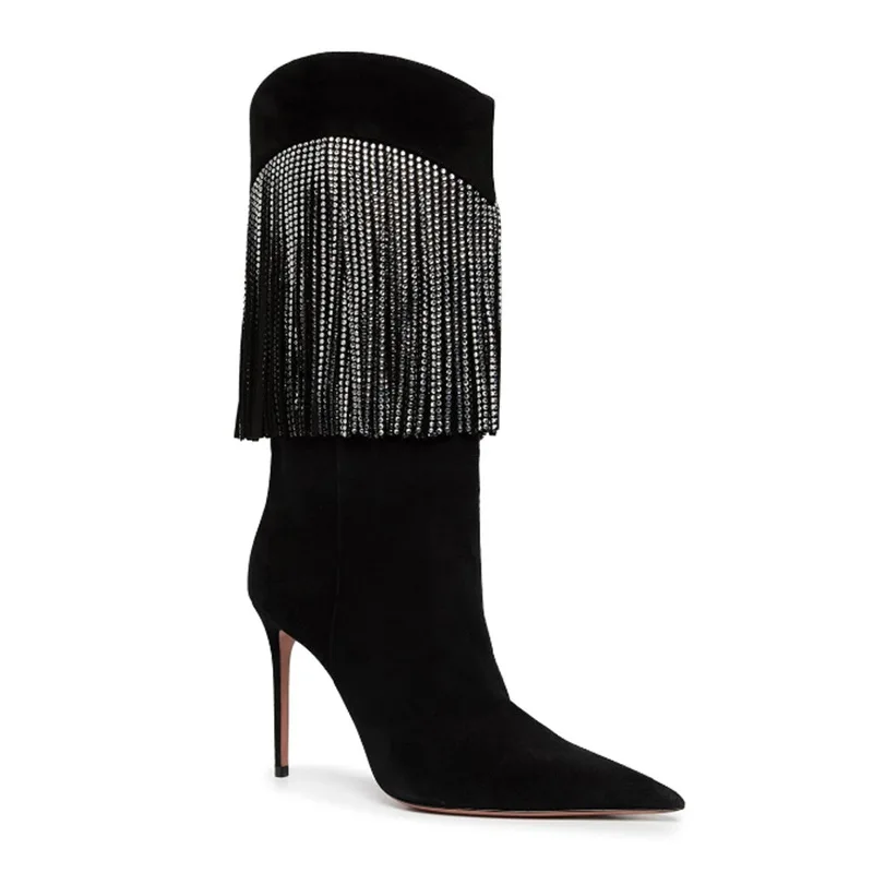 

Rhinestone Tassel Mid Calf Boots 2023 New Women Shoes Pointed Toe Stiletto Heels Boots Casual Sexy Botas