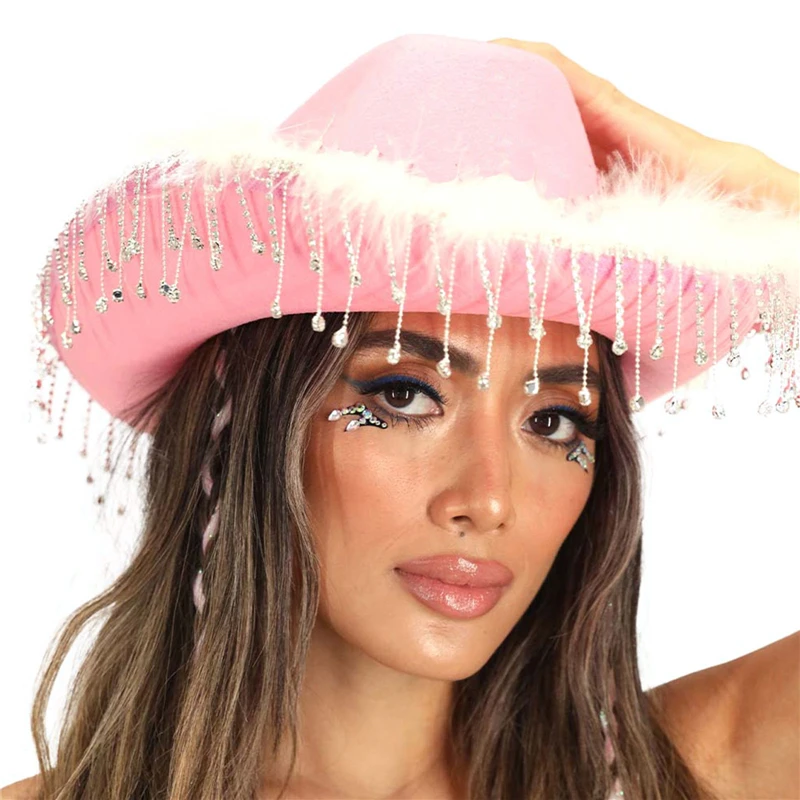 Lamuusaa Cowgirl Hats Women Western Aesthetic Wide Brim Rhinestone Tasseled Large Cap Party Clubwear Cottagecore Accessories