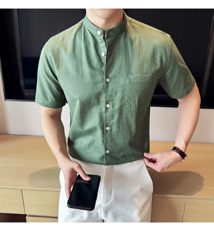 Description Picture 5 of itemSummer Linen Shirts For Men New Chinese Style Stand Collar Plain Color Short Sleeve Men's Social Shirt Slim Fit Breathable 4XL-M