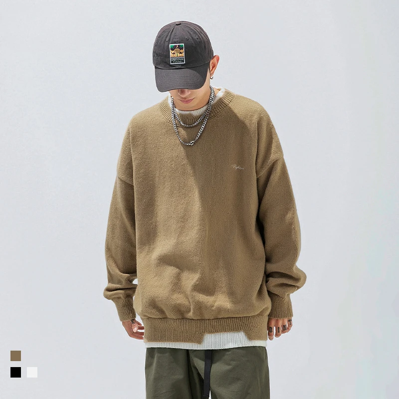 Retro Contrast Fake Two Piece Sweater Loose Round Neck Knit pullover men clothing