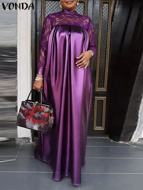 Plus Size 5XL VONDA Elegant Women Lace Patchwork Satin Maxi Dress 2025 Autumn Long Sleeve Stand Collar Long Dresses Casual Robe 1