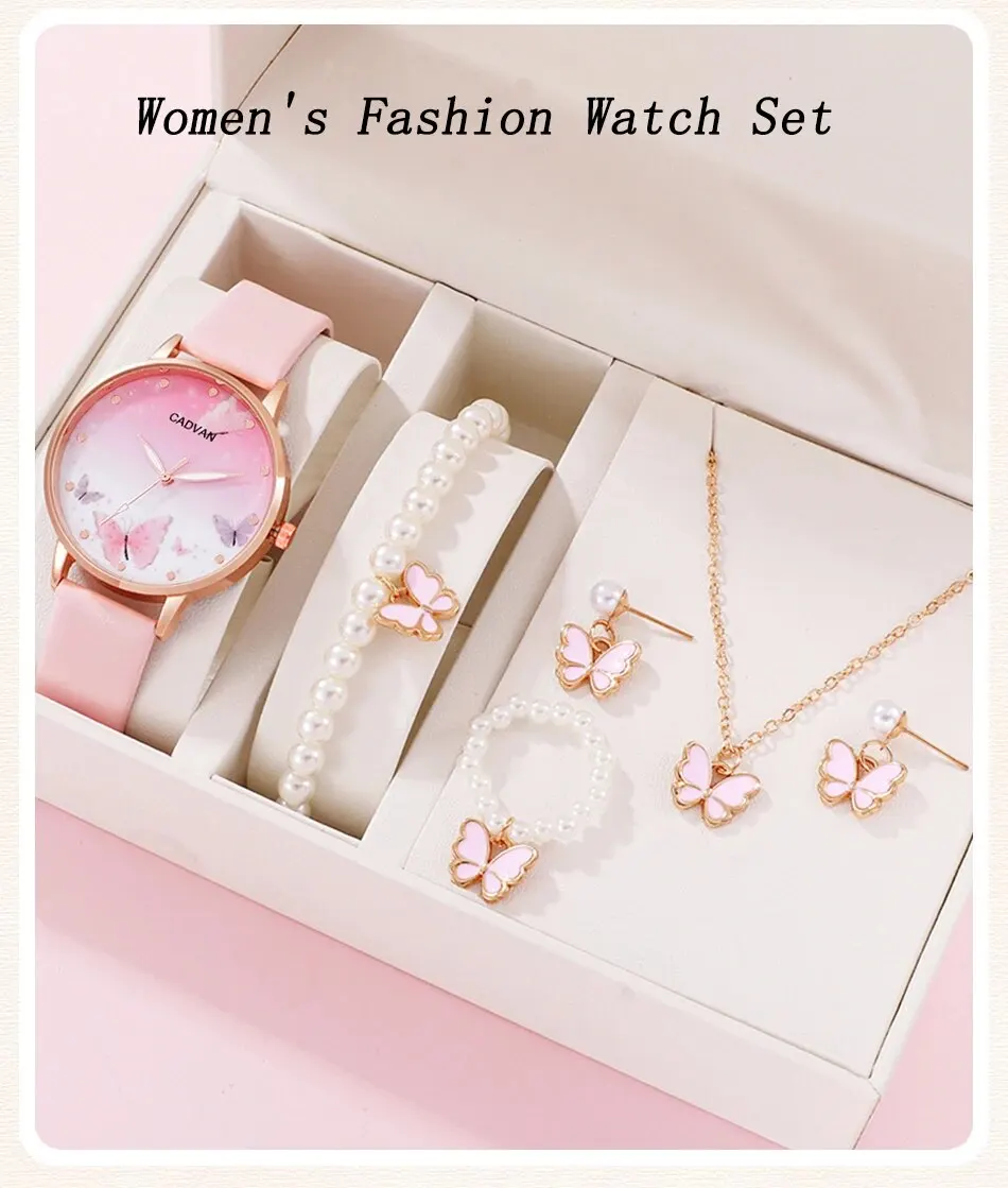 S4fc12b5b4ed04a81b8863ac5236bda83P 6PCS Set Women Fashion Quartz Watch Female Clock Pink Butterfly Dial Luxury Brand Design Ladies Leather Wrist Watch Montre Femme Mallzona