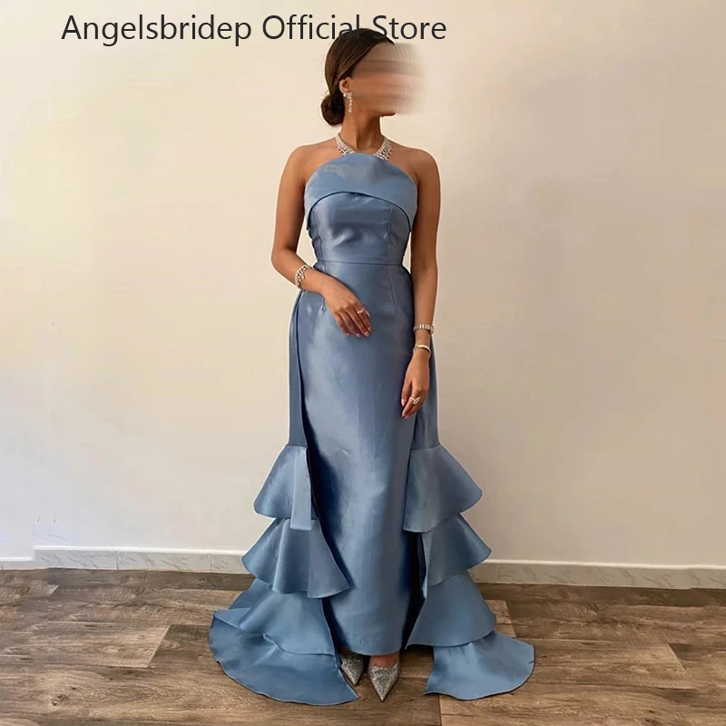

Angelsbridep асимметричные вечерние платья 2023 Синие атласные без бретелек без рукавов Длинные платья для выпускного вечера вечерние платья русалки