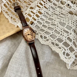Vintage Women's Coffee Brown Leather Strap Watch with Rhinestone Accents and Elegant Barrel Dial (Coffee)