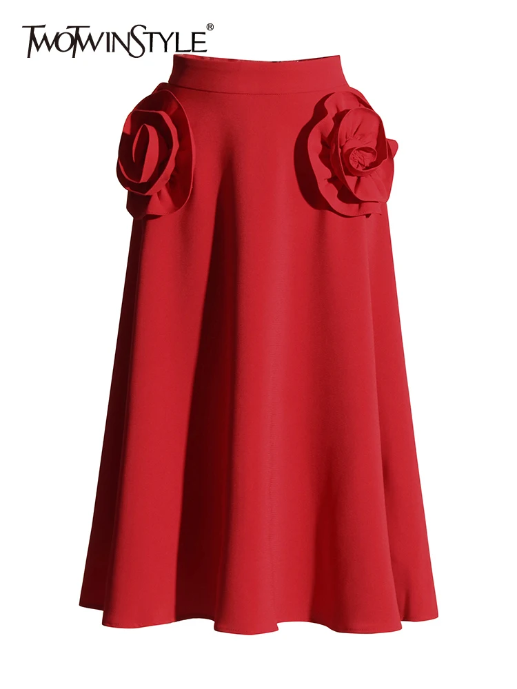 TWOTWINSTYLESolidPatchworkAppliquesElegantSkirtsForWomenHighWaistSplicedFolds