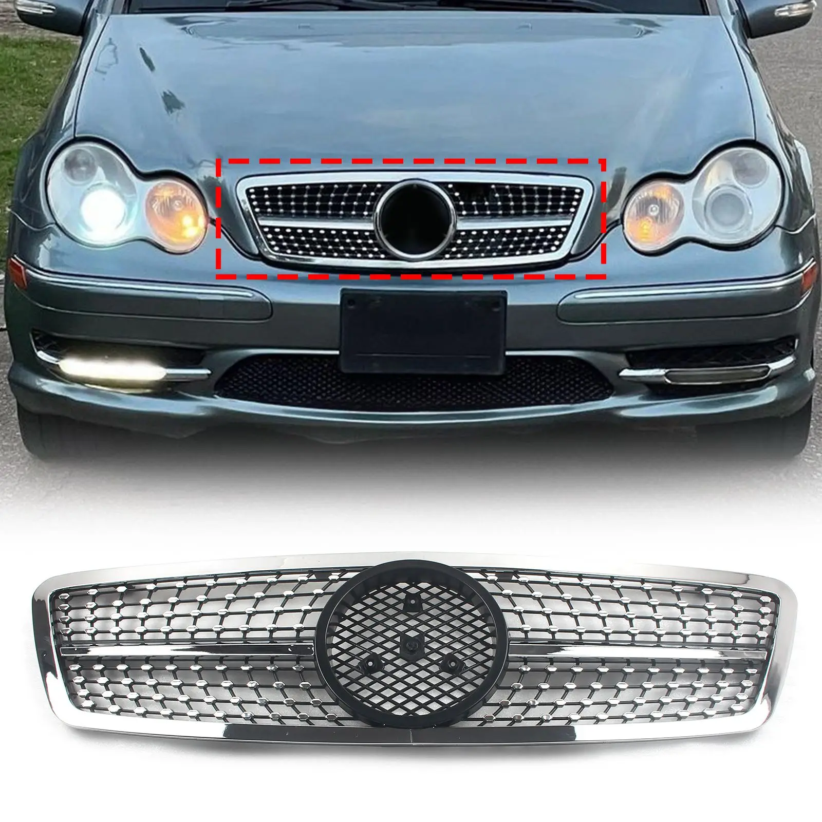 Front Grille Assembly - Chrome/Black For Mercedes C-Class (W203) C230, C240, C320, C32 AMG 6 thumbnail image