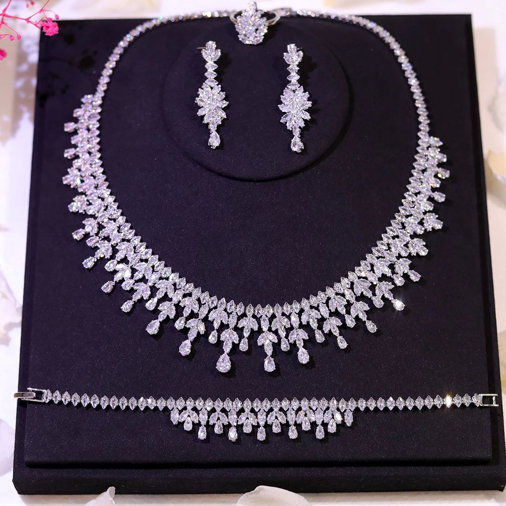 ZY UNIQUE New Dubai Jewelry Sets Leaf Design Bridal Necklace Earring Set 5A Cubic Zirconia Femme Ladies Wedding Accessories 3