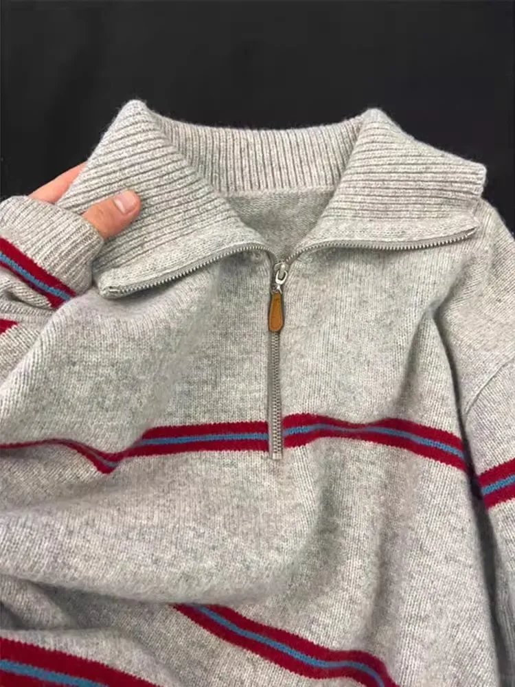 

Korean Women Striped Full Sleeve Tops Knit Sweaters Zipper Polo Collar Knitted Pullovers Loose Casual Regular 2023 Autumn