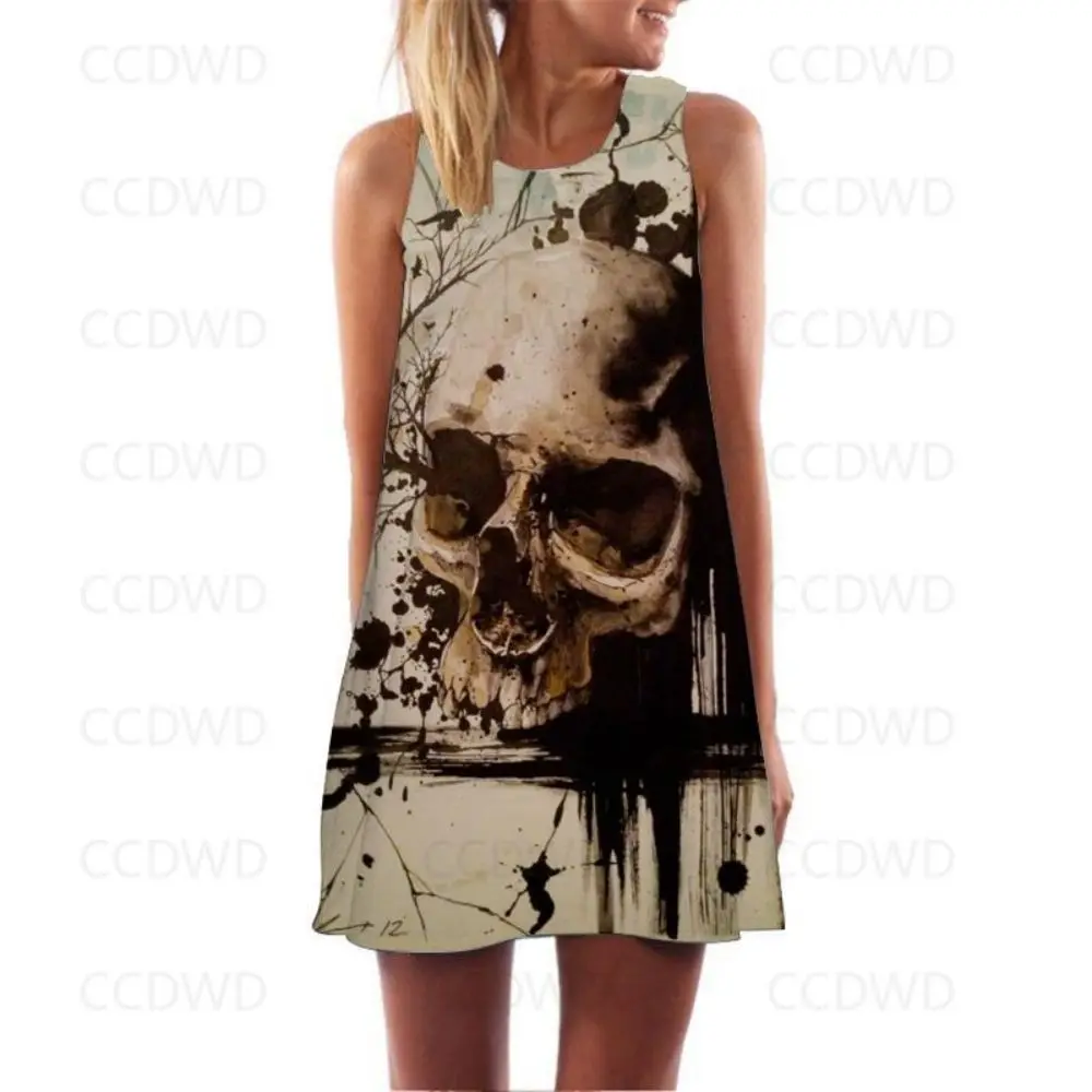 

Summer Dresses Woman 2022 Print Women's Sundresses Skull Flower Vintage Dress Gothic Party Slip Elegant Sleeveless Chic Y2k Sexy