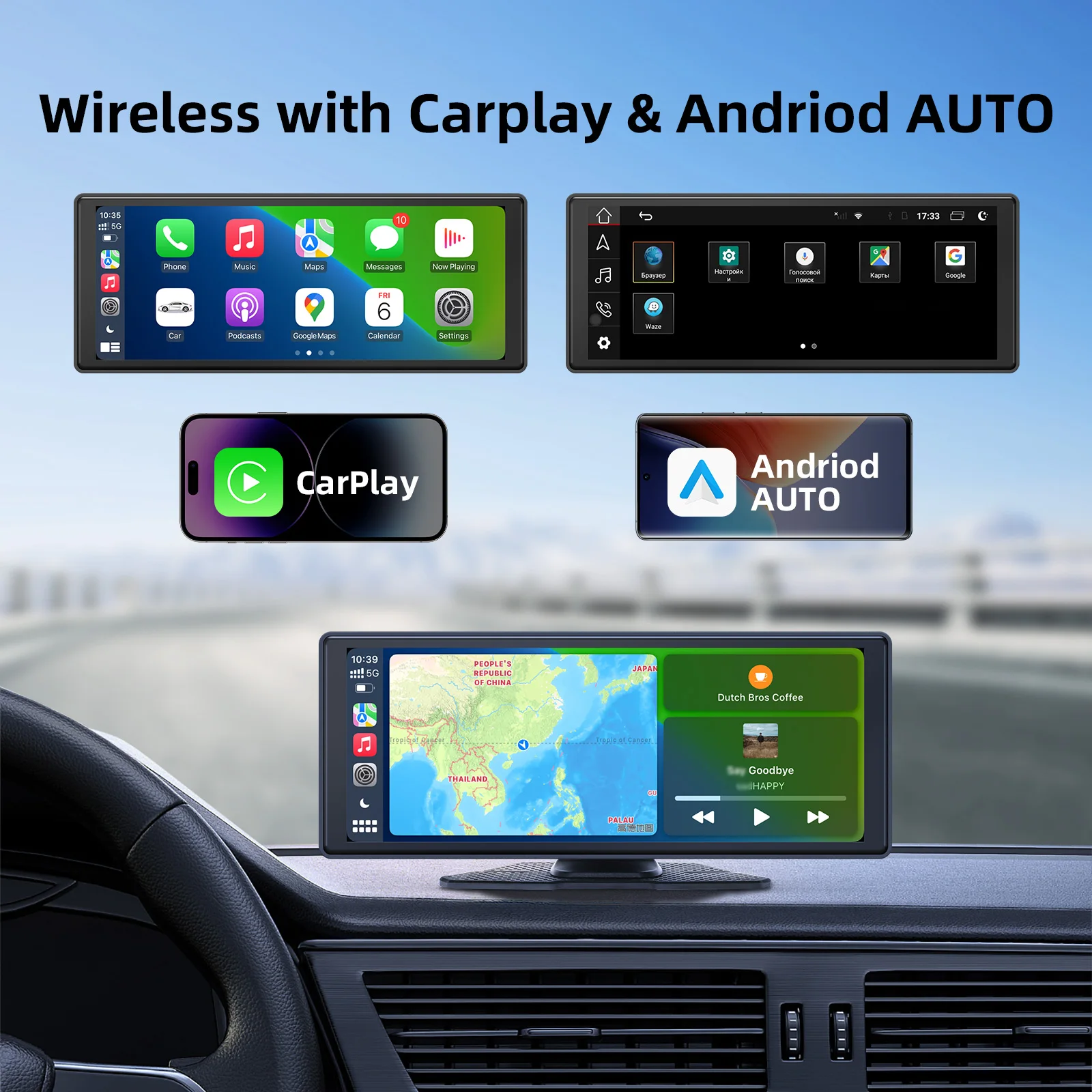 

Wireless Carplay Dash Cam WIFI Android Auto Car Rear View Camera Voice Control GPS Navigation Reverse Image Recorder Dashboard