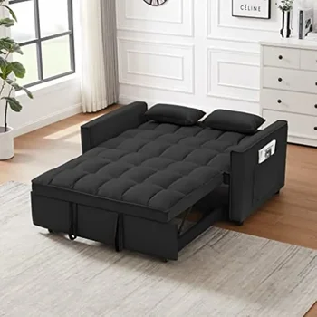 55.2'' Loveseat, Reversible Sleeper Pockets & Toss Pillows, Velvet Pull Chaise, 2-seat Fabric Convertible Sofa Bed, Black 3