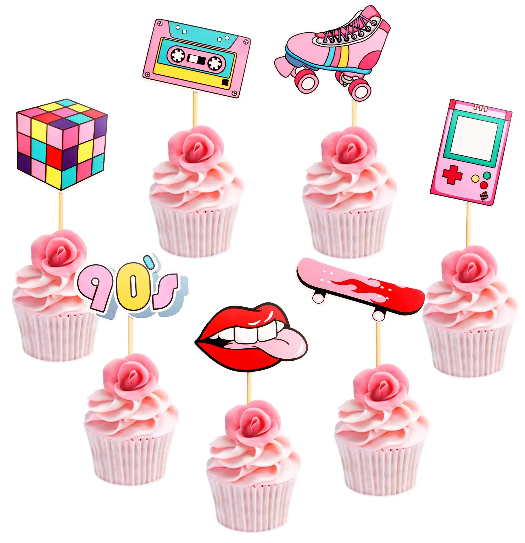 21Pcs 80s 90s Themed Cupcake Toppers Dessert Cupcake Toppers Birthday Supplies Throwback Party Favors Decorations kids birthday party decorations latex balloons happy birthday banner cupcake toppers paper fans honeycomb ball party supplies