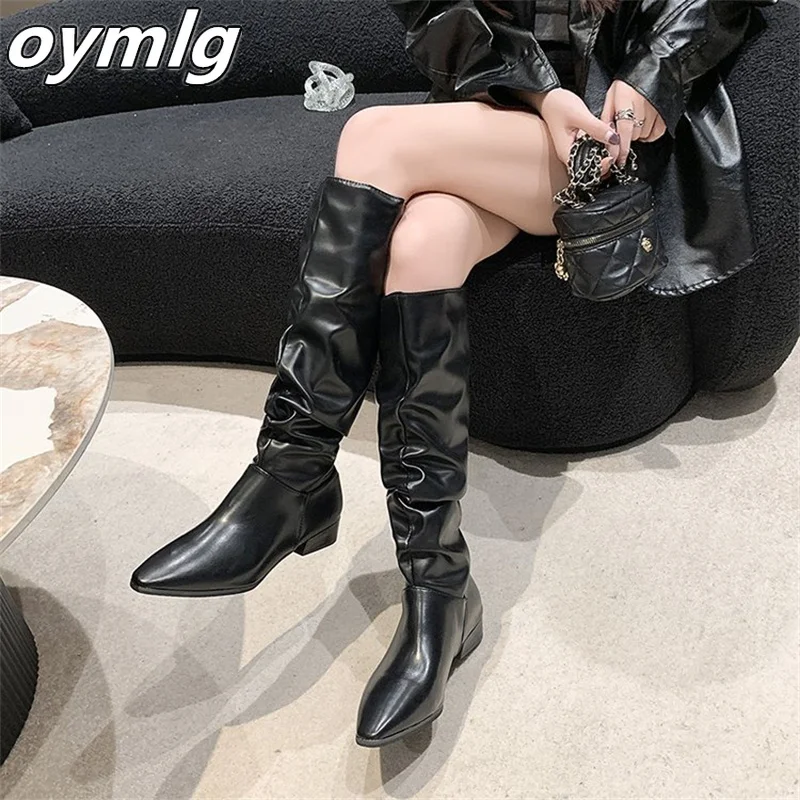 Pointed Pleated High Barrel Long Boots for Women's Autumn 2023 New Fashion Boot