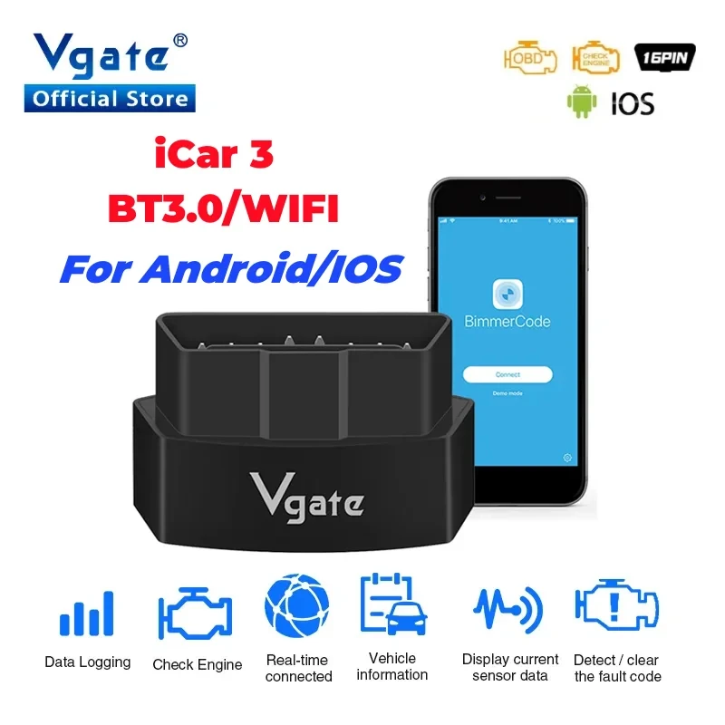 

Автомобильный диагностический сканер Vgate iCar3 ELM327 с Wi-Fi для Android/IOS ODB2, Bluetooth ELM 327 V2.1 OBD2 OBD 2, считыватель кодов, автоматический сканер