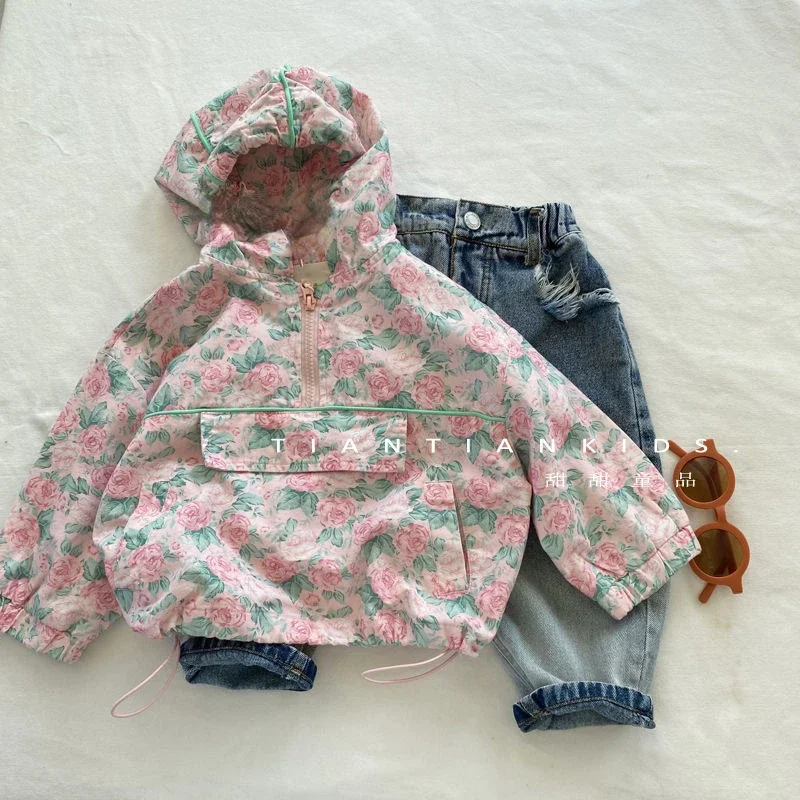 

Children Clothing Kids Coat Pink Floral Hooded Coat Girl 2023 Spring Autumn New Fashionable Korean Style Sweet Pullover Top