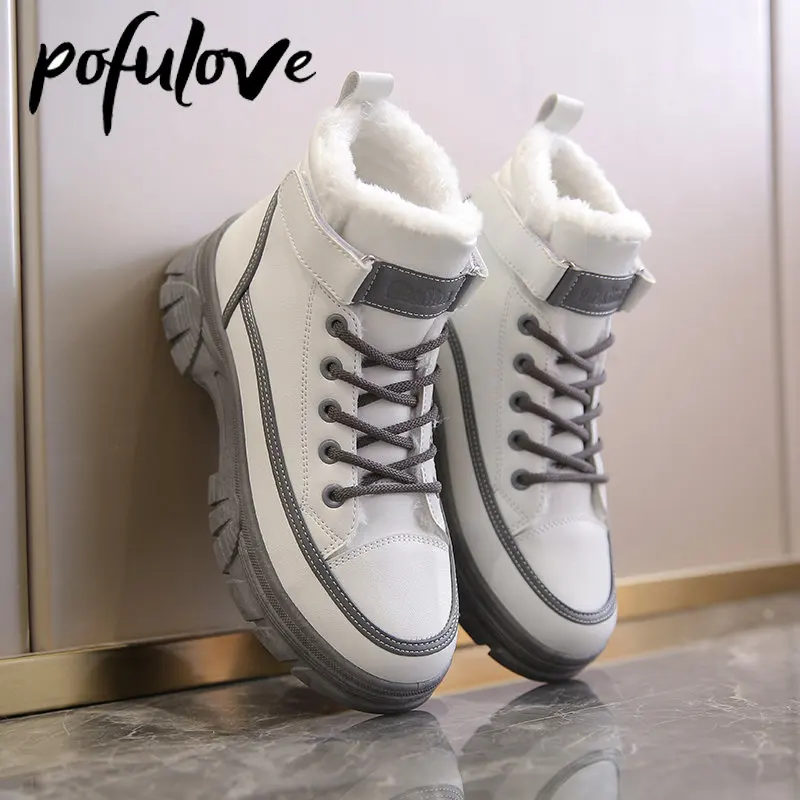 

Pofulove Women's Boots Warm and Non Slip Round Toe Medium Heel Winter White Boots Women's Shoes Platform Boots De Mujer De Mujer